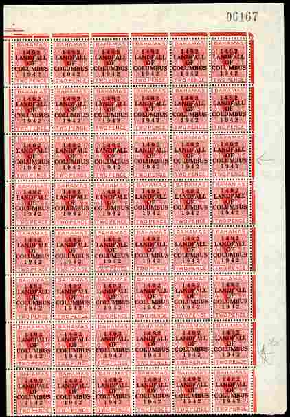 Bahamas 1942 KG6 Landfall of Columbus 2d scarlet NE corner block of 48 being the top 8 rows including the 'short T' variety on R3/6, a few split perfs otherwise fine unmounted mint, stamps on , stamps on  kg6 , stamps on varieties, stamps on columbus, stamps on explorers