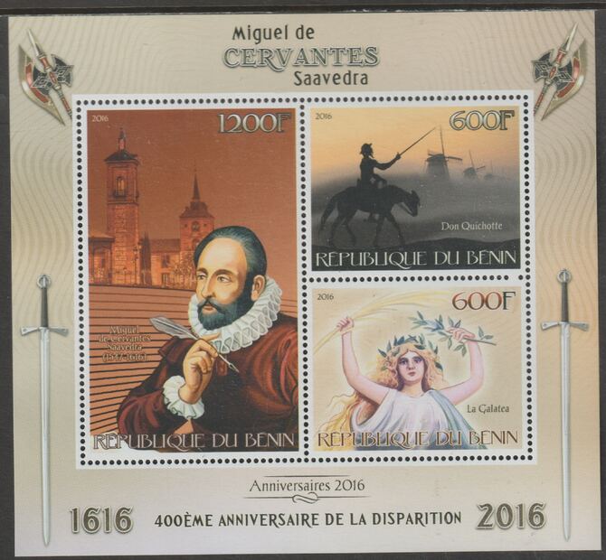 Benin 2016 Cervantes - Writer perf sheet containing three values unmounted mint, stamps on personalities, stamps on cervantes, stamps on literature