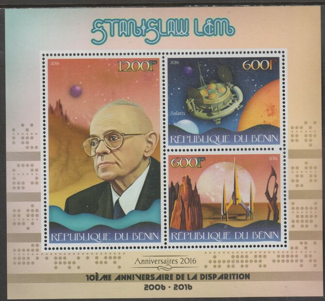 Benin 2016 Stanislaw Lem - Writer perf sheet containing three values unmounted mint, stamps on personalities, stamps on sci-fi, stamps on literature