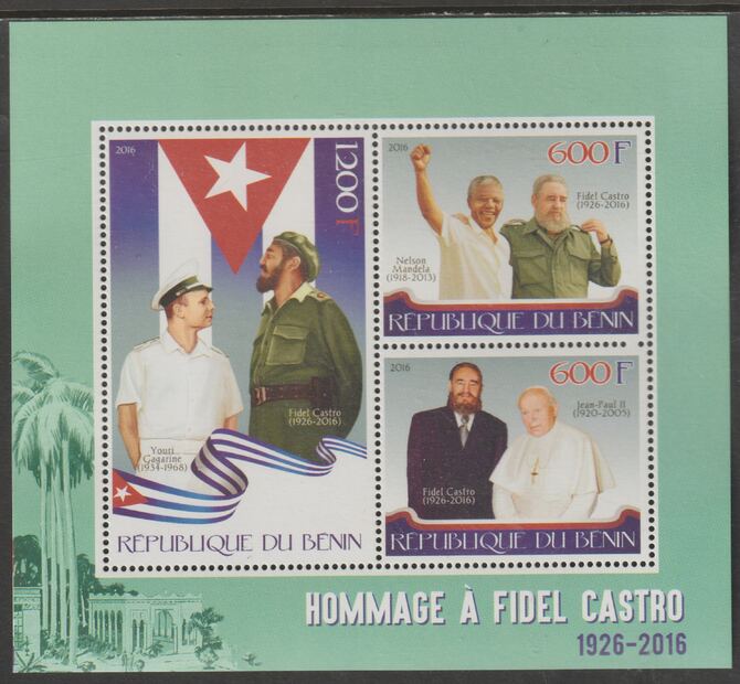 Benin 2016 Fidel Castro perf sheet containing three values unmounted mint, stamps on , stamps on  stamps on personalities, stamps on  stamps on castro, stamps on  stamps on 