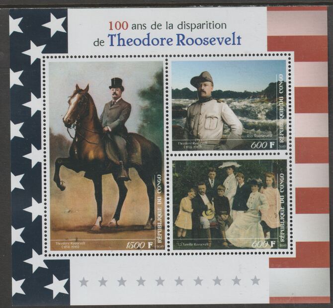 Madagascar 2019 Theodore Roosevelt Death Centenary perf sheet containing three values unmounted mint, stamps on personalities, stamps on us presidents, stamps on roosevelt, stamps on horses