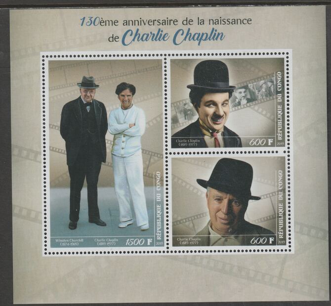 Madagascar 2019 Charlie Chaplin 150th Birth Anniversary perf sheet containing three values unmounted mint, stamps on personalities, stamps on films, stamps on cinema, stamps on chaplin, stamps on churchill
