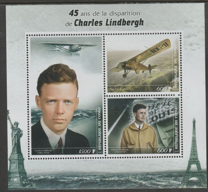 Madagascar 2019 Charles Lindbergh 45th Death Anniversary perf sheet containing three values unmounted mint, stamps on , stamps on  stamps on personalities, stamps on  stamps on lindbergh, stamps on  stamps on aviation, stamps on  stamps on eiffel