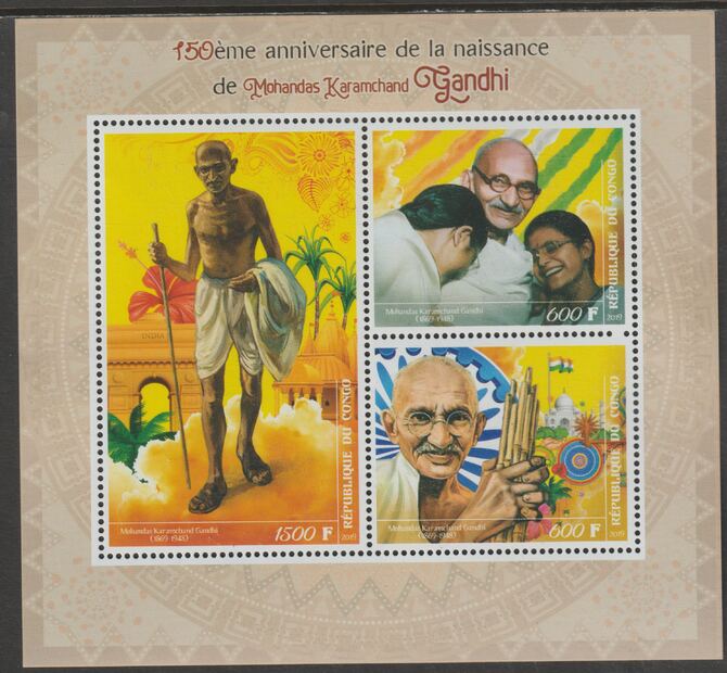 Madagascar 2019 Mahatma Gandhi 150th Birth Anniversary perf sheet containing three values unmounted mint, stamps on personalities, stamps on constitutions, stamps on gandhi