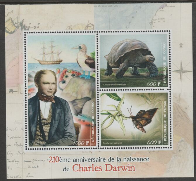 Madagascar 2019 Charles Darwin 210th Birth Anniversary perf sheet containing three values unmounted mint, stamps on personalities, stamps on darwin, stamps on turtles, stamps on ships, stamps on birds
