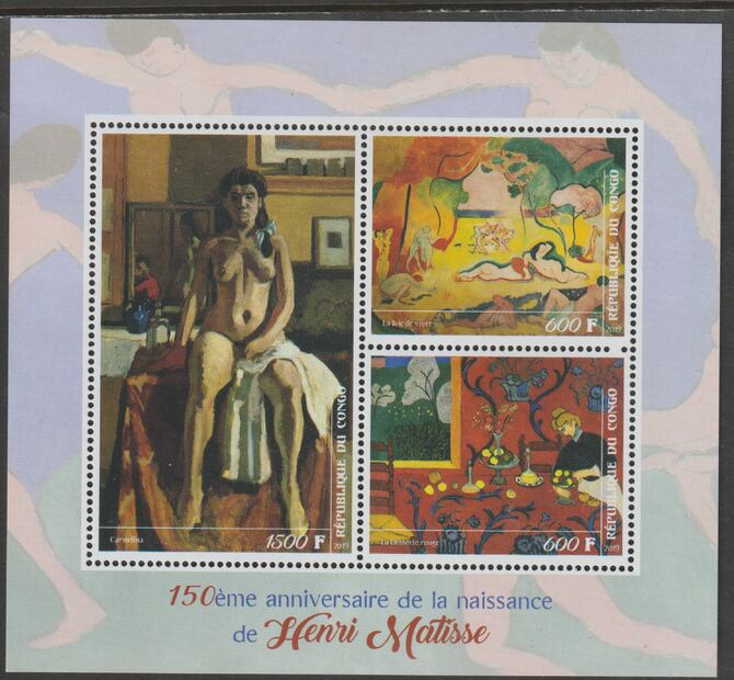 Madagascar 2019 Henri Matisse 150th Birth Anniversary perf sheet containing three values unmounted mint, stamps on personalities, stamps on matisse, stamps on arts, stamps on 