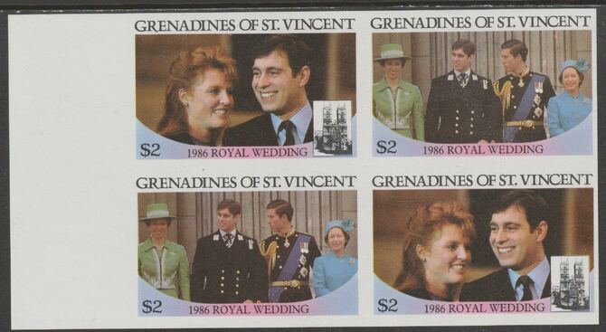 St Vincent - Grenadines 1986 Royal Wedding (Andrew & Fergie) $2 unmounted mint imperf proof block of 4 (2 se-tenant pairs) without staple holes in margin and therefore no..., stamps on royalty, stamps on andrew, stamps on fergie, stamps on 