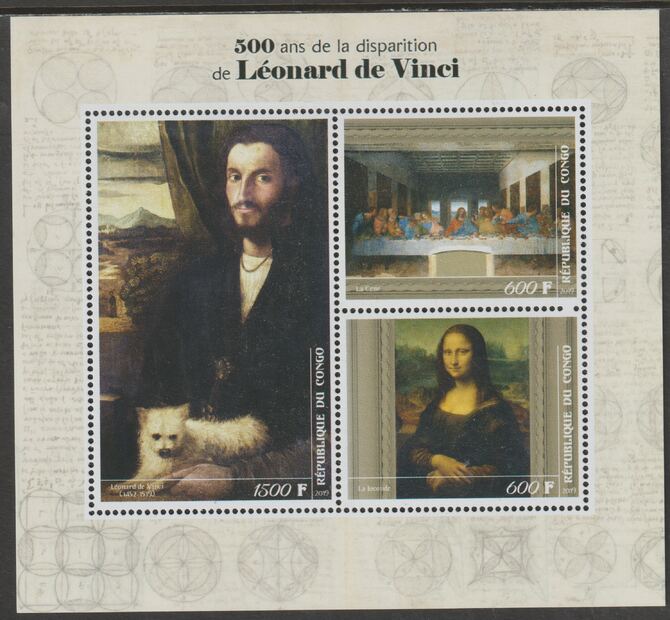 Congo 2019 Leonardo da Vinci 500th Death Anniversary perf sheet containing three values unmounted mint, stamps on , stamps on  stamps on personalities, stamps on  stamps on leonardo da vinci, stamps on  stamps on arts