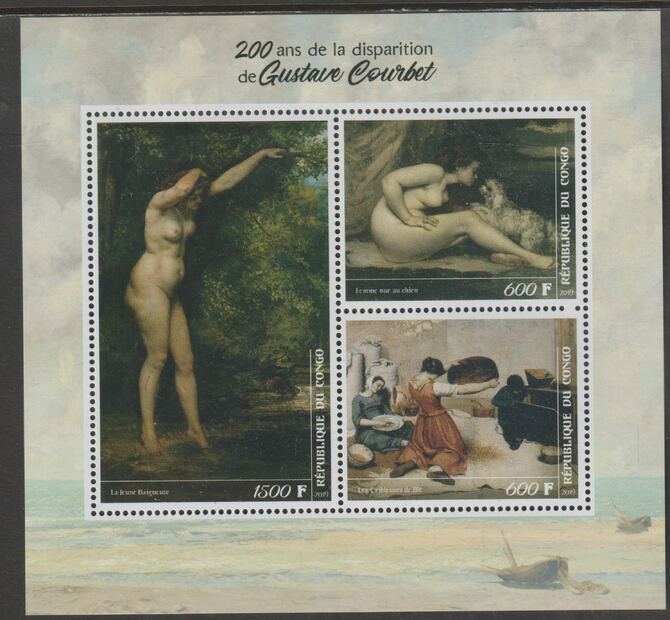 Congo 2019 Gustave Courbet 200th Death Anniversary perf sheet containing three values unmounted mint, stamps on personalities, stamps on courbet, stamps on arts, stamps on nudes