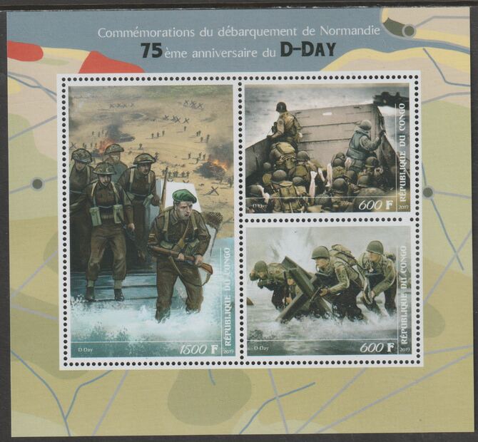 Congo 2019 D-Day 75th Anniversary perf sheet containing three values unmounted mint, stamps on , stamps on  stamps on , stamps on  stamps on  ww2 , stamps on  stamps on militaria