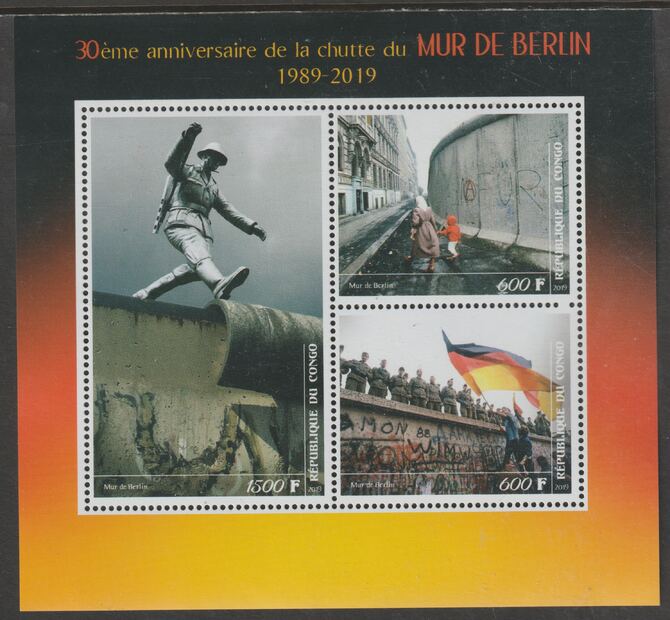 Congo 2019 Fall of Berlin Wall 30th Anniversary perf sheet containing three values unmounted mint, stamps on , stamps on  stamps on constitutions, stamps on  stamps on 