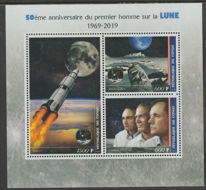 Congo 2019 Apollo 11 - 50th Anniversary perf sheet containing three values unmounted mint, stamps on space, stamps on apollo, stamps on moon
