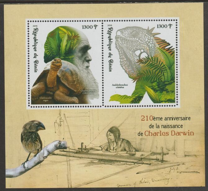 Benin 2019 Charles Darwin 210th Birth Anniversary perf sheet containing two values unmounted mint, stamps on , stamps on  stamps on personalities, stamps on  stamps on  darwin, stamps on  stamps on 