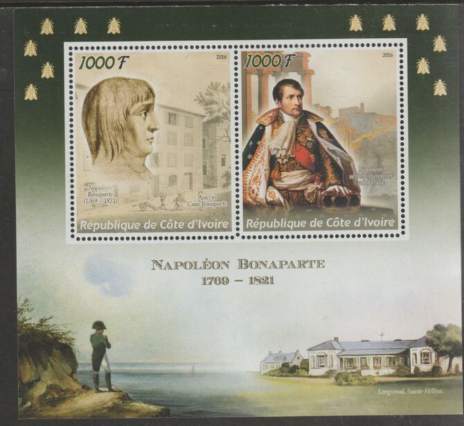 Ivory Coast 2016 Napoleon Bonaparte perf sheet containing two values unmounted mint, stamps on , stamps on  stamps on personalities, stamps on  stamps on  napoleon, stamps on  stamps on 