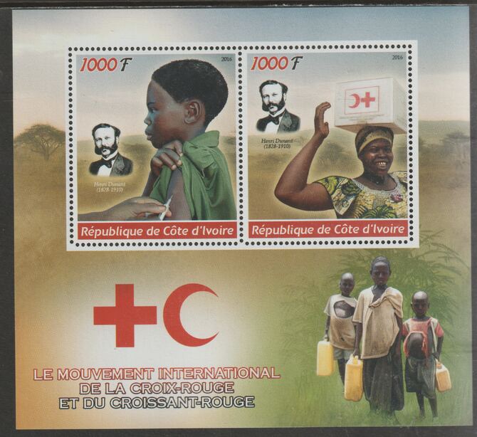 Ivory Coast 2016 Red Cross perf sheet containing two values unmounted mint, stamps on personalities, stamps on  red cross, stamps on dunant, stamps on 