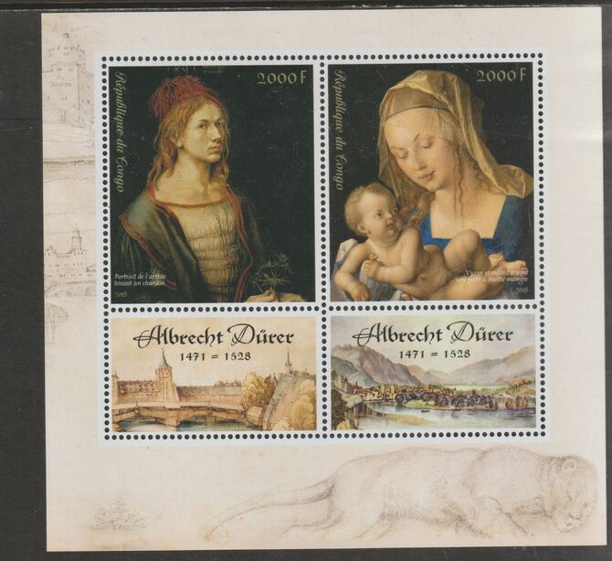 Congo 2018 Albrecht Durer perf sheet containing two values plus two labels unmounted mint, stamps on , stamps on  stamps on personalities, stamps on  stamps on  durer, stamps on  stamps on arts