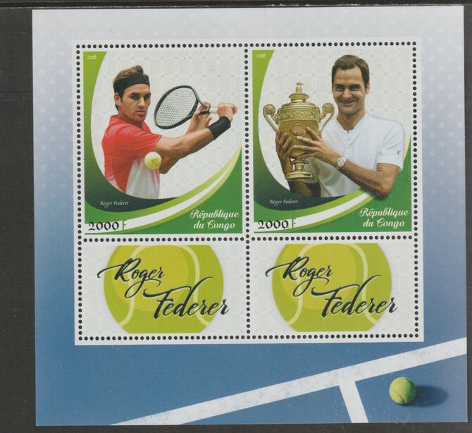 Congo 2018 Roger Federer - Tennis perf sheet containing two values plus two labels unmounted mint, stamps on personalities, stamps on tennis, stamps on federer