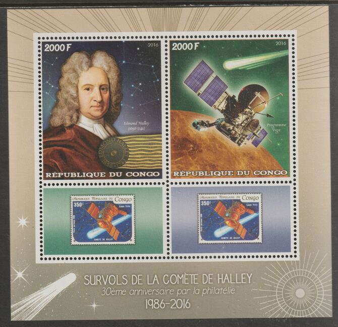 Congo 2016 Edmond Halley perf sheet containing two values plus two labels unmounted mint, stamps on personalities, stamps on space, stamps on halley