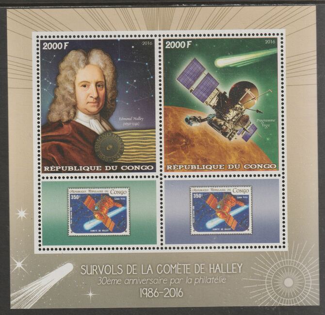 Congo 2016 Edmond Halley perf sheet containing two values plus two labels unmounted mint, stamps on , stamps on  stamps on personalities, stamps on  stamps on space, stamps on  stamps on halley