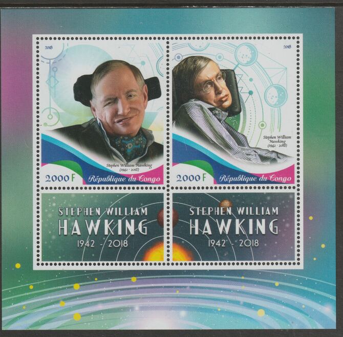 Congo 2018 Stephen Hawking perf sheet containing two values plus two labels unmounted mint, stamps on , stamps on  stamps on personalities, stamps on  stamps on hawking, stamps on  stamps on physics, stamps on  stamps on disabled