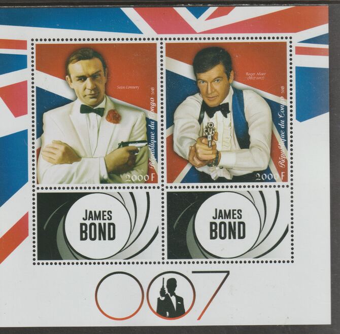 Congo 2018 James Bond perf sheet containing two values plus two labels unmounted mint, stamps on , stamps on  stamps on personalities, stamps on  stamps on  spy , stamps on  stamps on  bond, stamps on  stamps on films, stamps on  stamps on movies, stamps on  stamps on cinema