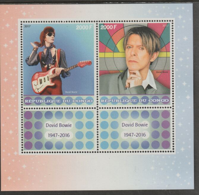 Congo 2017 David Bowie perf sheet containing two values plus two labels unmounted mint, stamps on , stamps on  stamps on personalities, stamps on  stamps on bowie, stamps on  stamps on music, stamps on  stamps on rock, stamps on  stamps on pops