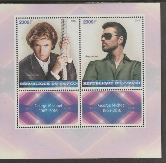 Congo 2017 George Michael perf sheet containing two values plus two labels unmounted mint, stamps on , stamps on  stamps on personalities, stamps on  stamps on michael, stamps on  stamps on music, stamps on  stamps on rock, stamps on  stamps on pops