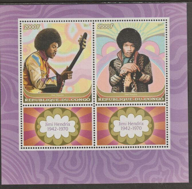 Congo 2017 Jimi Hendrix perf sheet containing two values plus two labels unmounted mint, stamps on , stamps on  stamps on personalities, stamps on  stamps on hendrix, stamps on  stamps on music, stamps on  stamps on rock, stamps on  stamps on pops