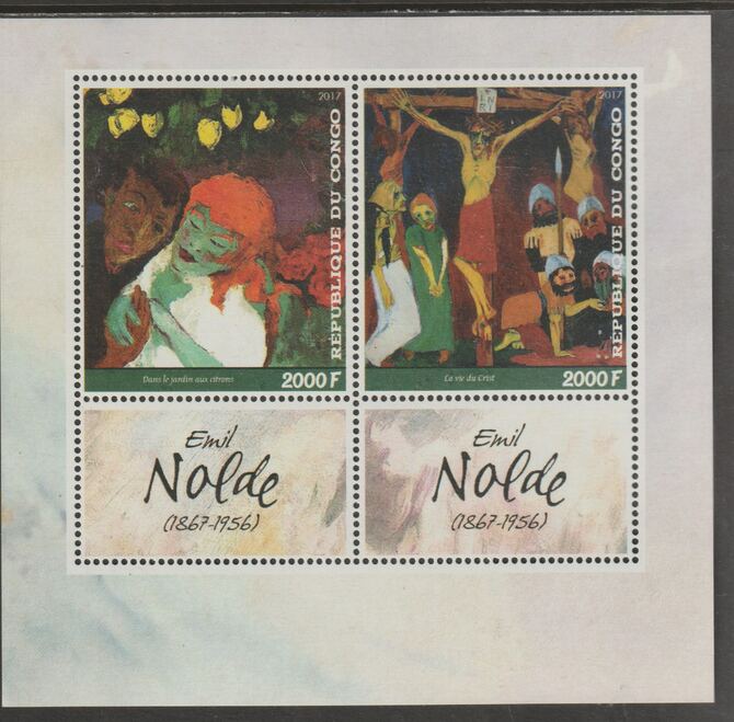 Congo 2017 Emil Nolde perf sheet containing two values plus two labels unmounted mint, stamps on , stamps on  stamps on personalities, stamps on  stamps on nolde, stamps on  stamps on arts