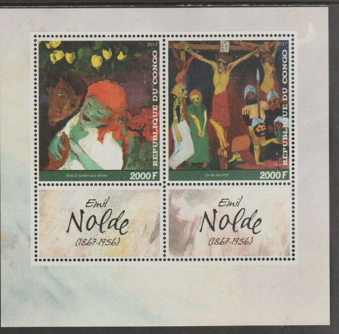 Congo 2017 Emil Nolde perf sheet containing two values plus two labels unmounted mint, stamps on personalities, stamps on nolde, stamps on arts