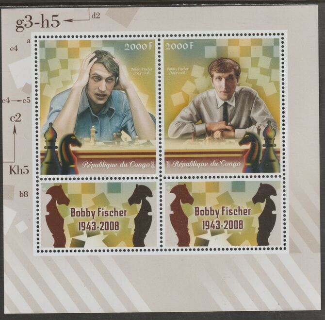 Congo 2018 Bobby Fischer - Chess perf sheet containing two values plus two labels unmounted mint, stamps on , stamps on  stamps on personalities, stamps on  stamps on fischer, stamps on  stamps on chess