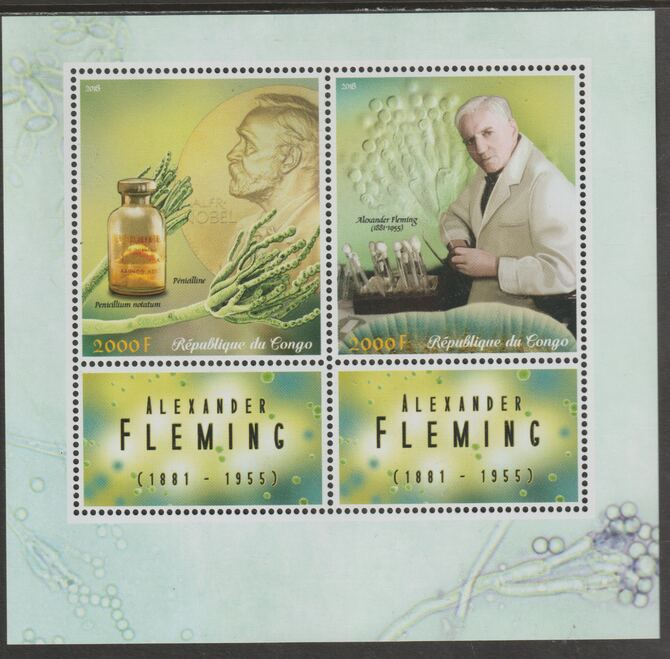 Congo 2018 Alexander Fleming perf sheet containing two values plus two labels unmounted mint, stamps on personalities, stamps on fleming, stamps on medical