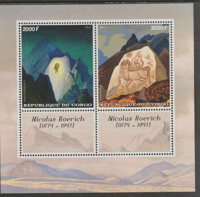 Congo 2017 Nicholas Roerich perf sheet containing two values plus two labels unmounted mint, stamps on personalities, stamps on roerich, stamps on arts