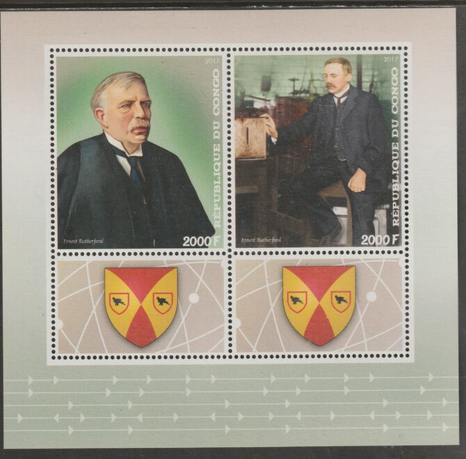 Congo 2017 Ernest Rutherford perf sheet containing two values plus two labels unmounted mint, stamps on , stamps on  stamps on personalities, stamps on  stamps on rutherford, stamps on  stamps on atomics, stamps on  stamps on nuclear, stamps on  stamps on physics