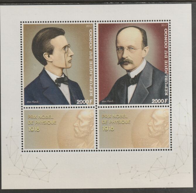 Congo 2017 Max Planck perf sheet containing two values plus two labels unmounted mint, stamps on , stamps on  stamps on personalities, stamps on  stamps on planck, stamps on  stamps on nobel, stamps on  stamps on physics