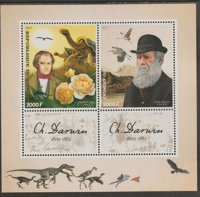 Congo 2017 Charles Darwin perf sheet containing two values plus two labels unmounted mint, stamps on , stamps on  stamps on personalities, stamps on  stamps on darwin, stamps on  stamps on turtles