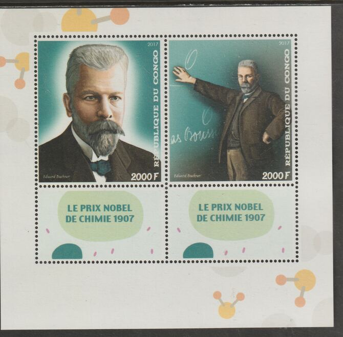 Congo 2017 Edward Buchner - Chemistry perf sheet containing two values plus two labels unmounted mint, stamps on , stamps on  stamps on personalities, stamps on  stamps on buchner, stamps on  stamps on chemistry, stamps on  stamps on nobel