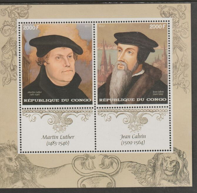 Congo 2017 Martin Luther perf sheet containing two values plus two labels unmounted mint, stamps on personalities, stamps on luther, stamps on religion