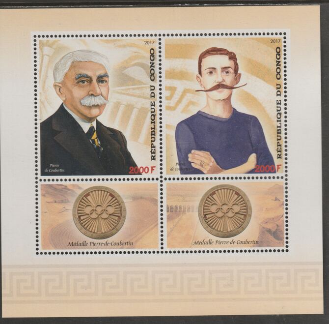 Congo 2017 Pierre de Coubertin perf sheet containing two values plus two labels unmounted mint, stamps on , stamps on  stamps on personalities, stamps on  stamps on coubertin, stamps on  stamps on olympics