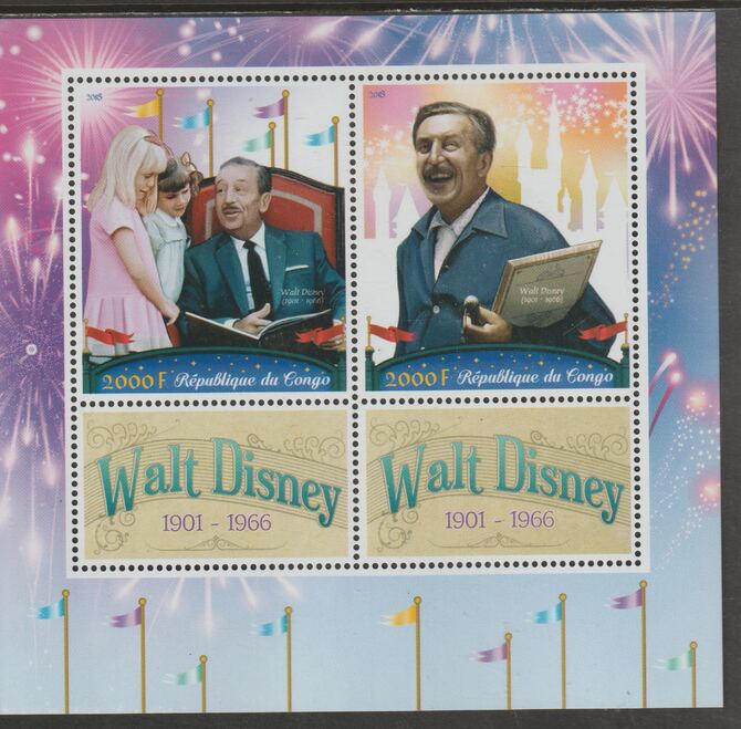 Congo 2018 Walt Disney perf sheet containing two values plus two labels unmounted mint, stamps on , stamps on  stamps on personalities, stamps on  stamps on disney