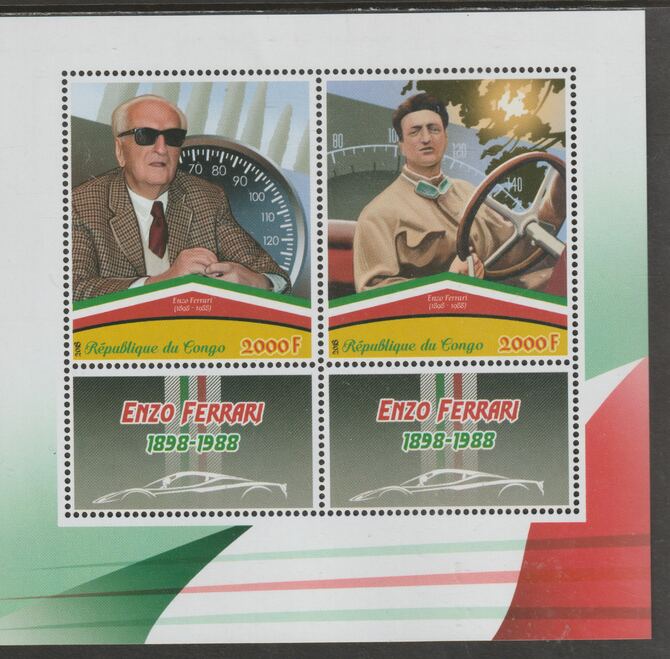 Congo 2018 Enzo Ferrari perf sheet containing two values plus two labels unmounted mint, stamps on personalities, stamps on ferrari, stamps on cars
