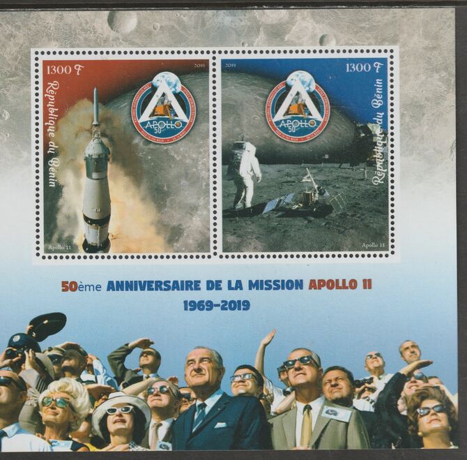 Benin 2019 Apollo 11 - 50th Anniversary perf sheet containing two values unmounted mint, stamps on , stamps on  stamps on space, stamps on  stamps on apollo, stamps on  stamps on moon, stamps on  stamps on rockets