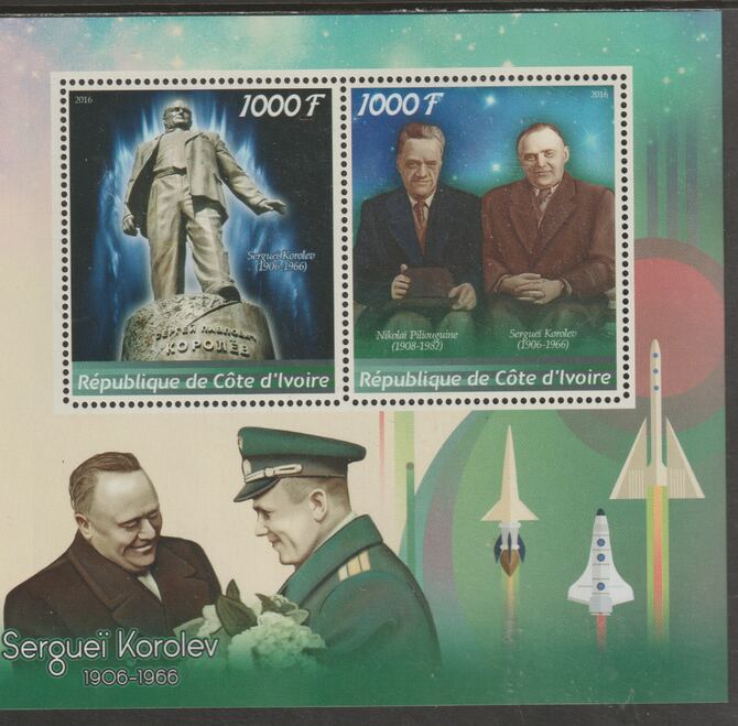 Ivory Coast 2016 Sergei Korolev perf sheet containing two values unmounted mint, stamps on , stamps on  stamps on personalities, stamps on  stamps on , stamps on  stamps on space, stamps on  stamps on korolev, stamps on  stamps on rockets