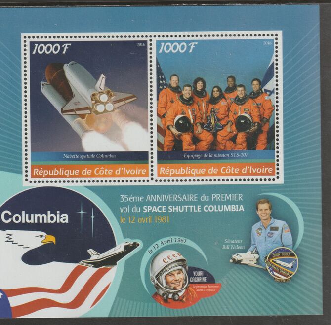 Ivory Coast 2016 Space Shuttle Columbia - 35th Anniv perf sheet containing two values unmounted mint, stamps on personalities, stamps on , stamps on space, stamps on shuttle