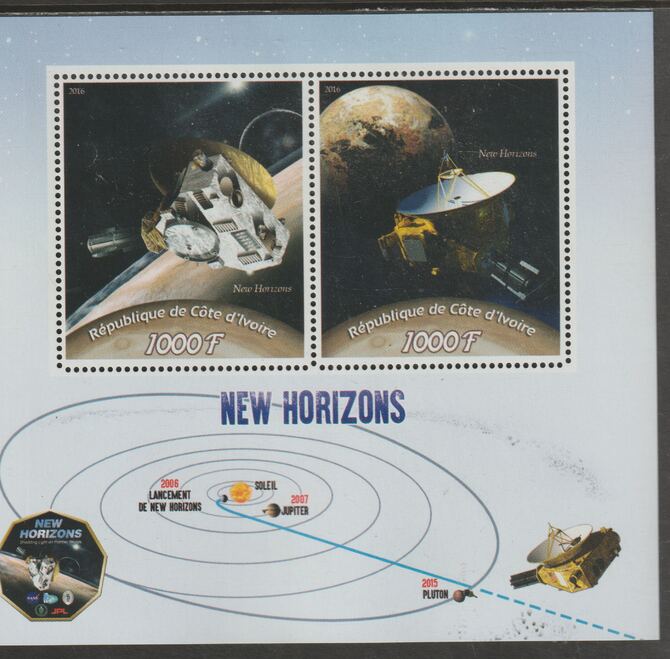 Ivory Coast 2016 Space - New Horizons perf sheet containing two values unmounted mint, stamps on pace, stamps on satellites, stamps on planets