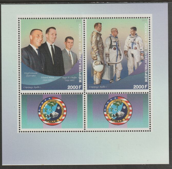 Congo 2017 Apollo 1 perf sheet containing two values plus two labels unmounted mint, stamps on , stamps on  stamps on personalities, stamps on  stamps on apollo, stamps on  stamps on space