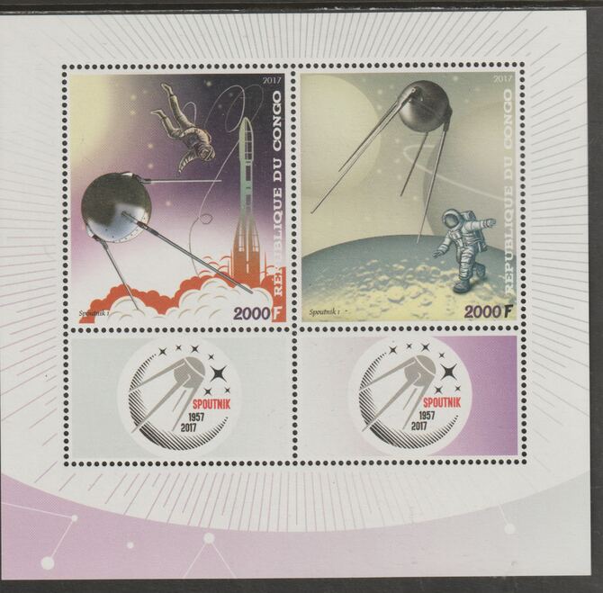 Congo 2017 Sputnik - 60th Anniversary perf sheet containing two values plus two labels unmounted mint, stamps on sputnik, stamps on space