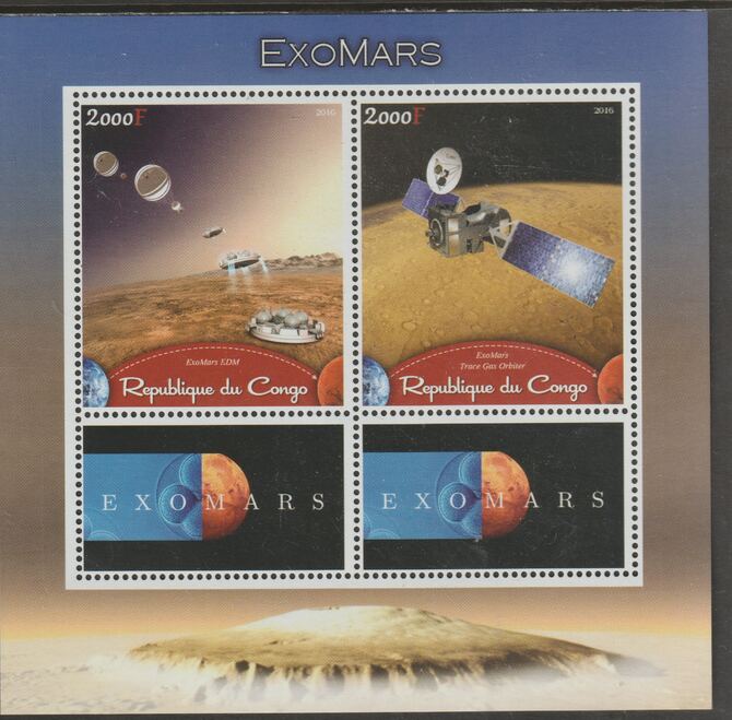 Congo 2016 ExoMars Space Mission perf sheet containing two values plus two labels unmounted mint, stamps on space, stamps on exomars, stamps on mars