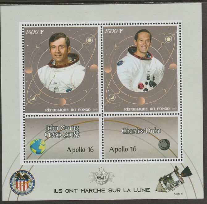 Congo 2019 Apollo 16 perf sheet containing two values plus two labels unmounted mint, stamps on personalities, stamps on apollo, stamps on space, stamps on young, stamps on duke