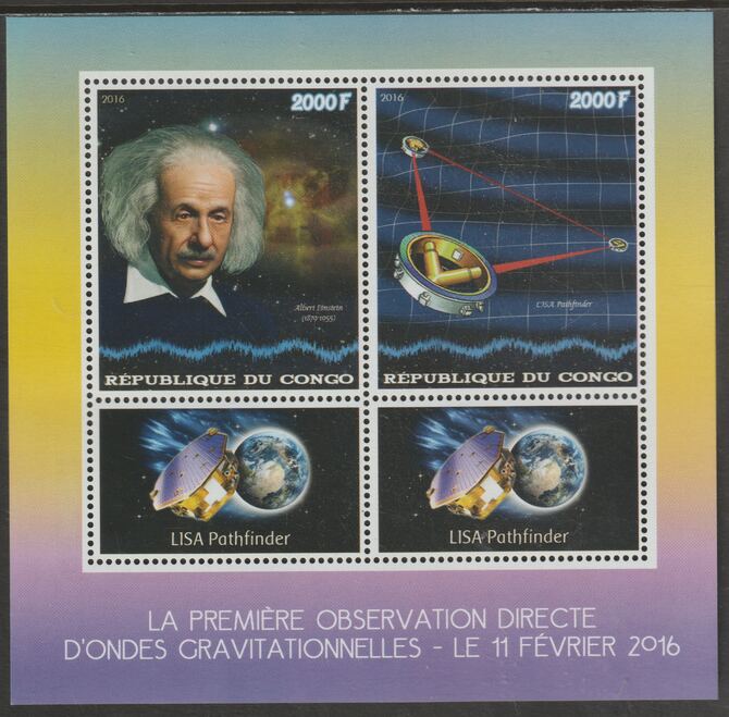 Congo 2016 Space - Gravitation Waves perf sheet containing two values plus two labels unmounted mint, stamps on , stamps on  stamps on personalities, stamps on  stamps on einstein, stamps on  stamps on space